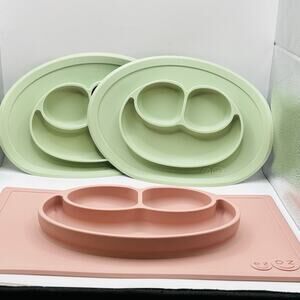 Set Of 3 EZ PZ Silicone Feeding Mats Happy Mats 2 Green And 1 Coral. Clean.
